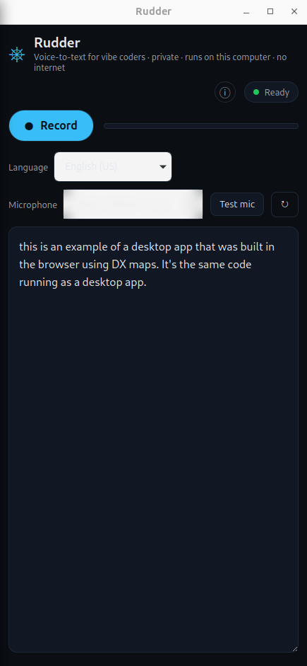 Rudder, the offline voice-to-text desktop app, running