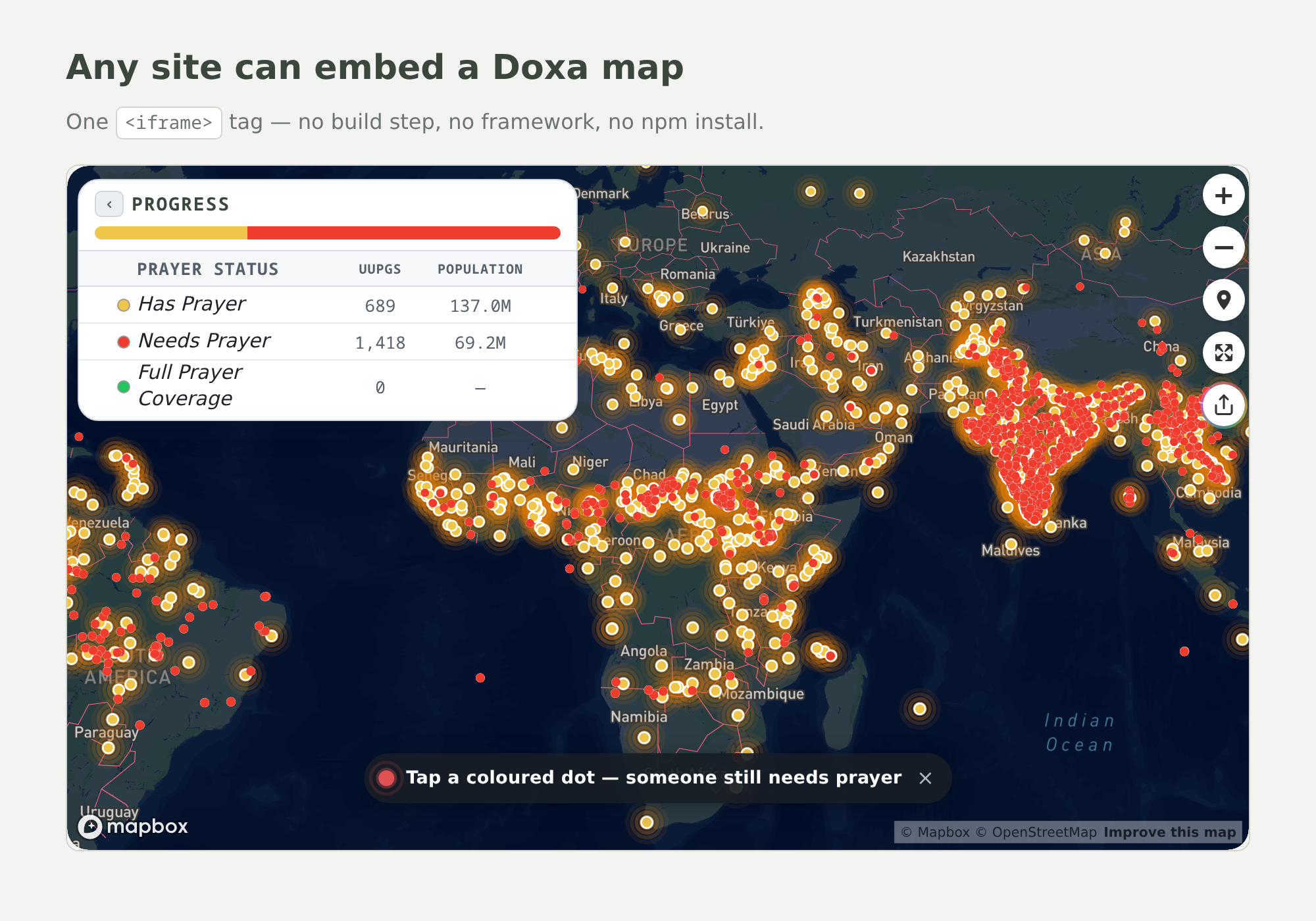 Method 1 — the prayer map embedded in a host page's iframe