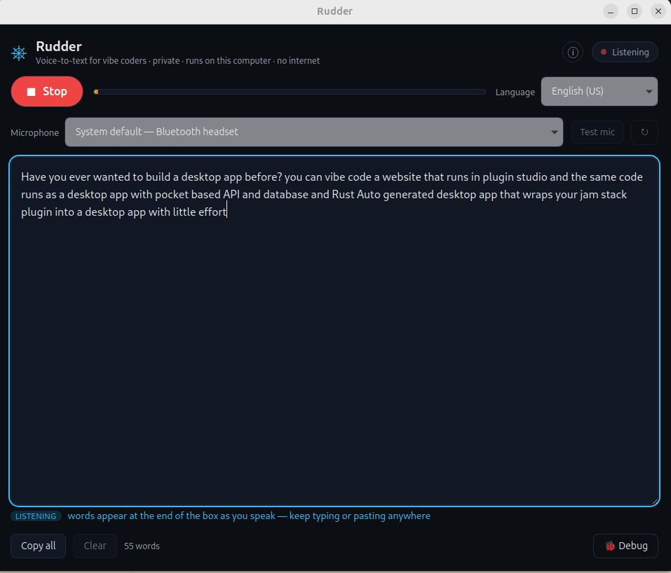 Rudder as a desktop app on Linux: offline voice-to-text