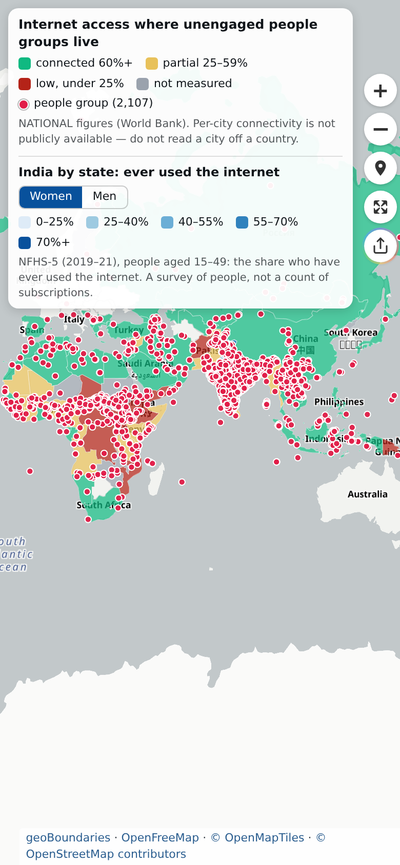 Cities with Internet on a phone